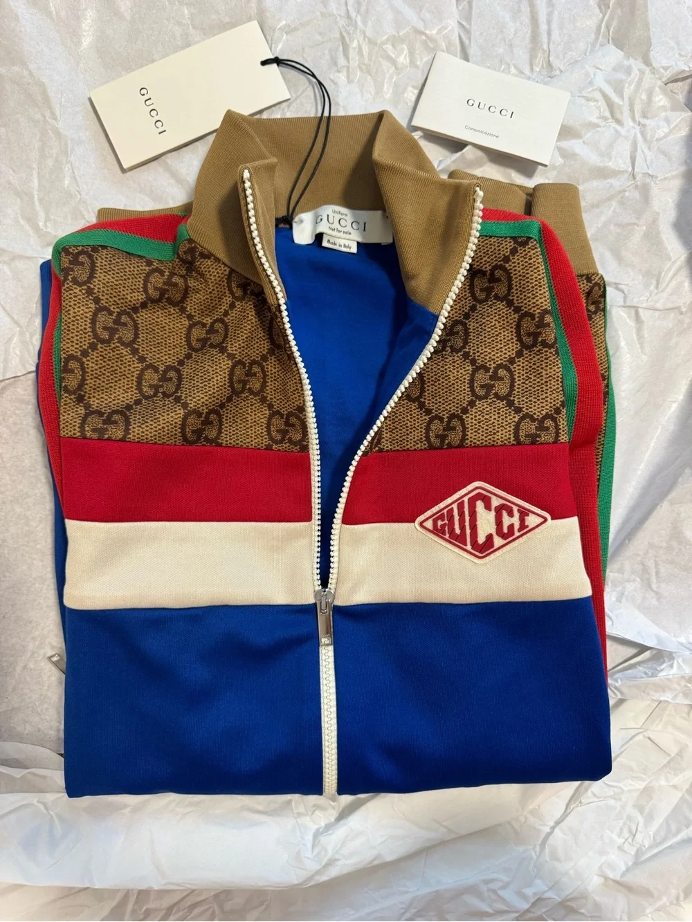 NEW Gucci GG Monogram Web Technical Zip Track Jacket Blue Brown Rare